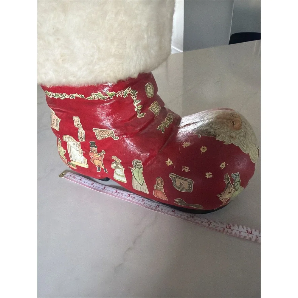 Vintage 1970s Handmade Papier Mache Santa Boot Christmas Decoupage Planter Decor